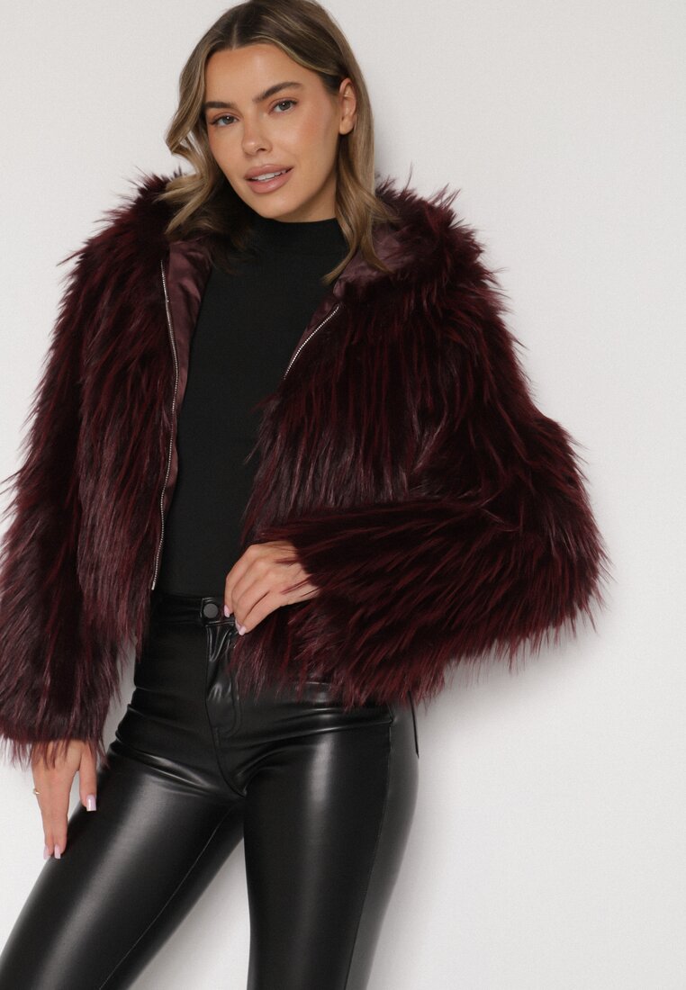 Bordowa Kurtka Futerko na Suwak z Kapturem Zetale