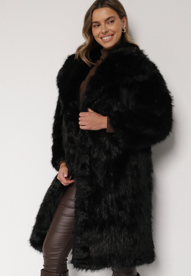 Czarny Jednorzędowy Płaszcz Futro z Szerokim Kołnierzem Wedinalia