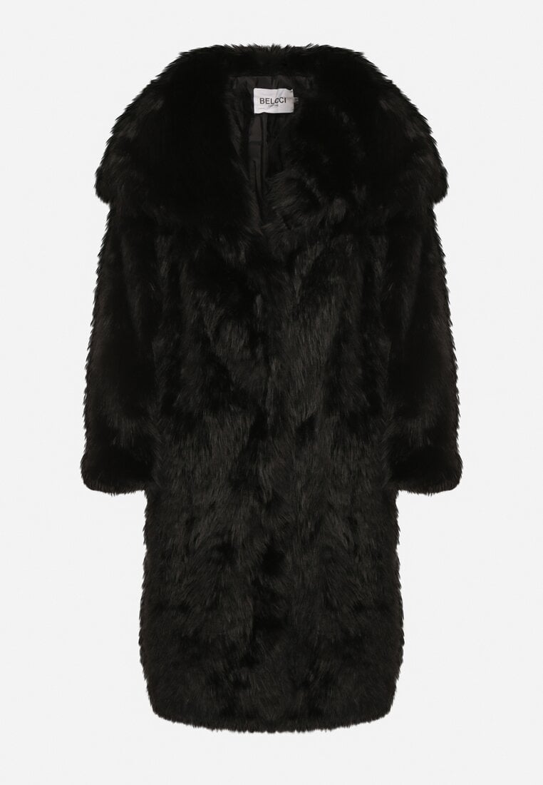 Czarny Jednorzędowy Płaszcz Futro z Szerokim Kołnierzem Wedinalia