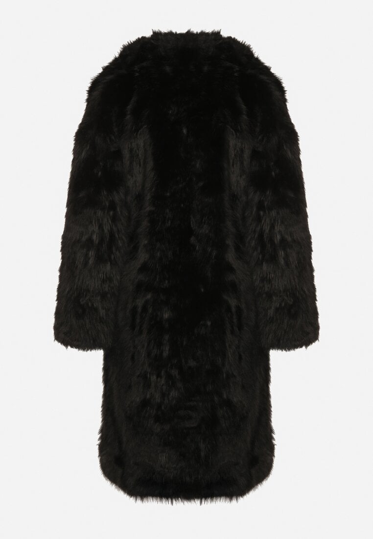 Czarny Jednorzędowy Płaszcz Futro z Szerokim Kołnierzem Wedinalia