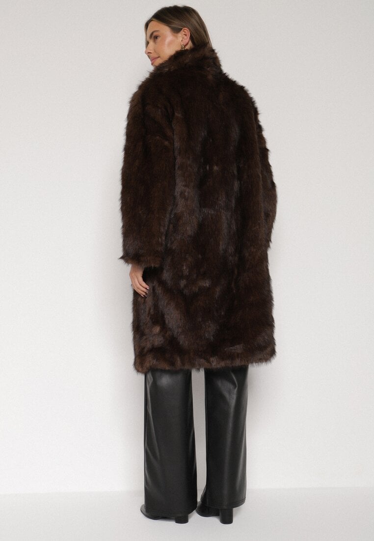 Brązowy Jednorzędowy Płaszcz Futro z Szerokim Kołnierzem Wedinalia