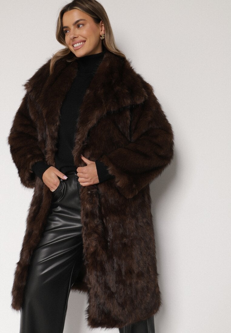 Brązowy Jednorzędowy Płaszcz Futro z Szerokim Kołnierzem Wedinalia