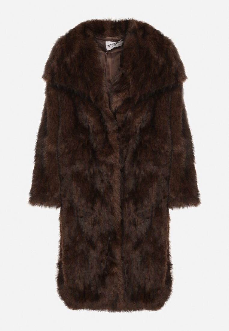 Brązowy Jednorzędowy Płaszcz Futro z Szerokim Kołnierzem Wedinalia