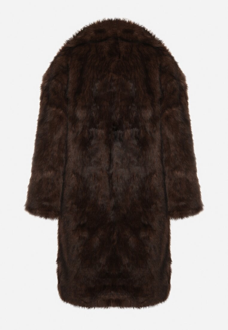 Brązowy Jednorzędowy Płaszcz Futro z Szerokim Kołnierzem Wedinalia