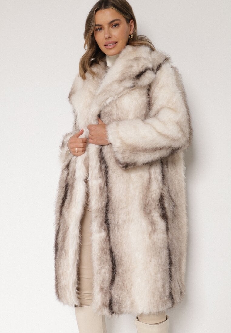 Biały Płaszcz Futro z Szerokim Kołnierzem i Kieszeniami Ezinda