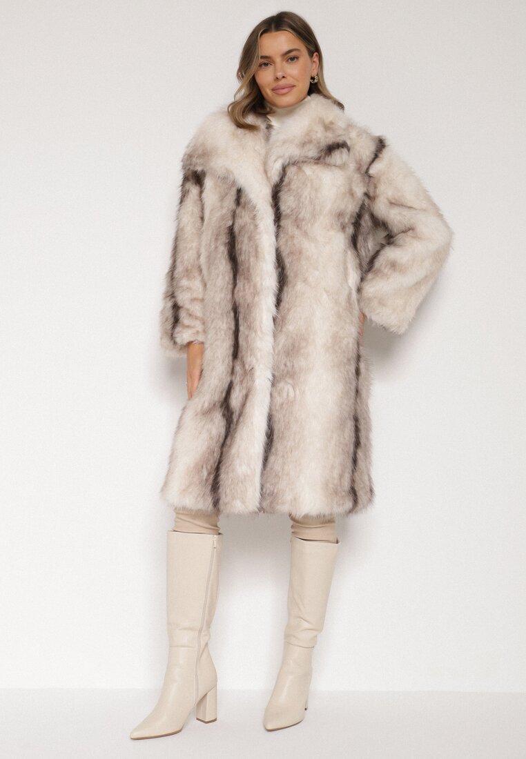 Biały Płaszcz Futro z Szerokim Kołnierzem i Kieszeniami Ezinda