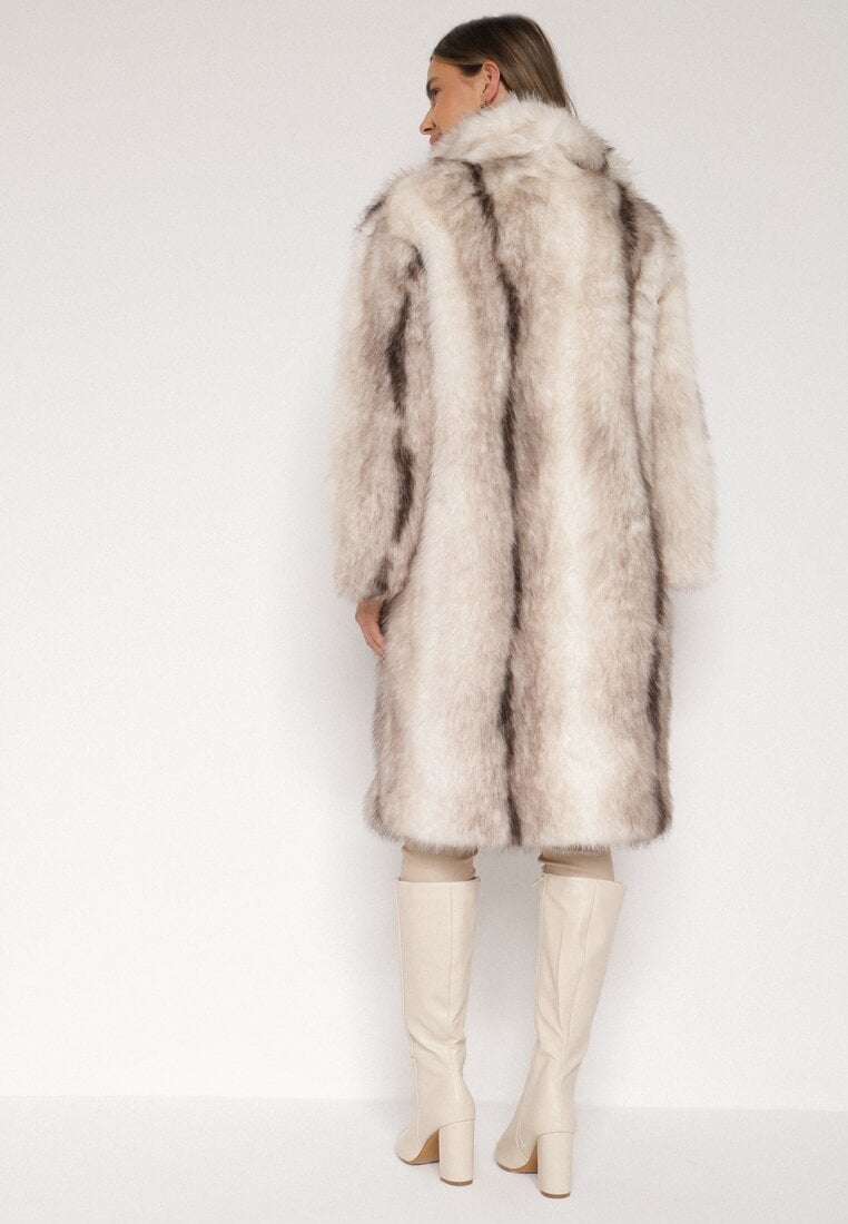 Biały Płaszcz Futro z Szerokim Kołnierzem i Kieszeniami Ezinda
