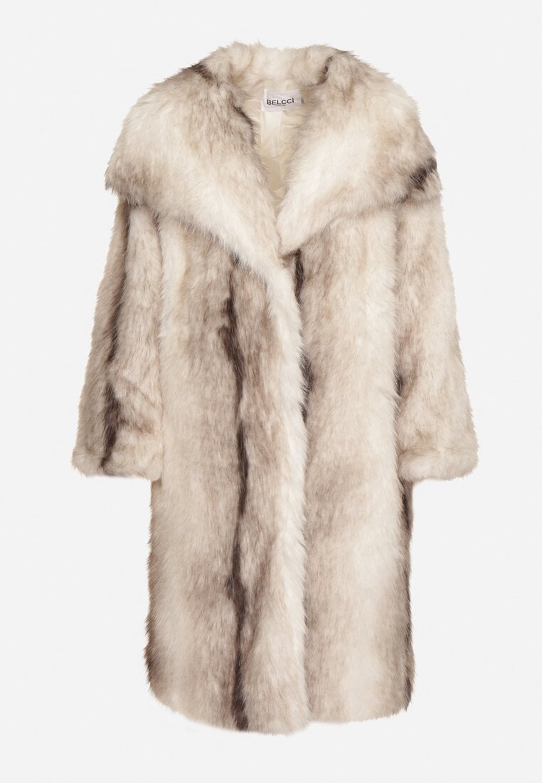 Biały Płaszcz Futro z Szerokim Kołnierzem i Kieszeniami Ezinda