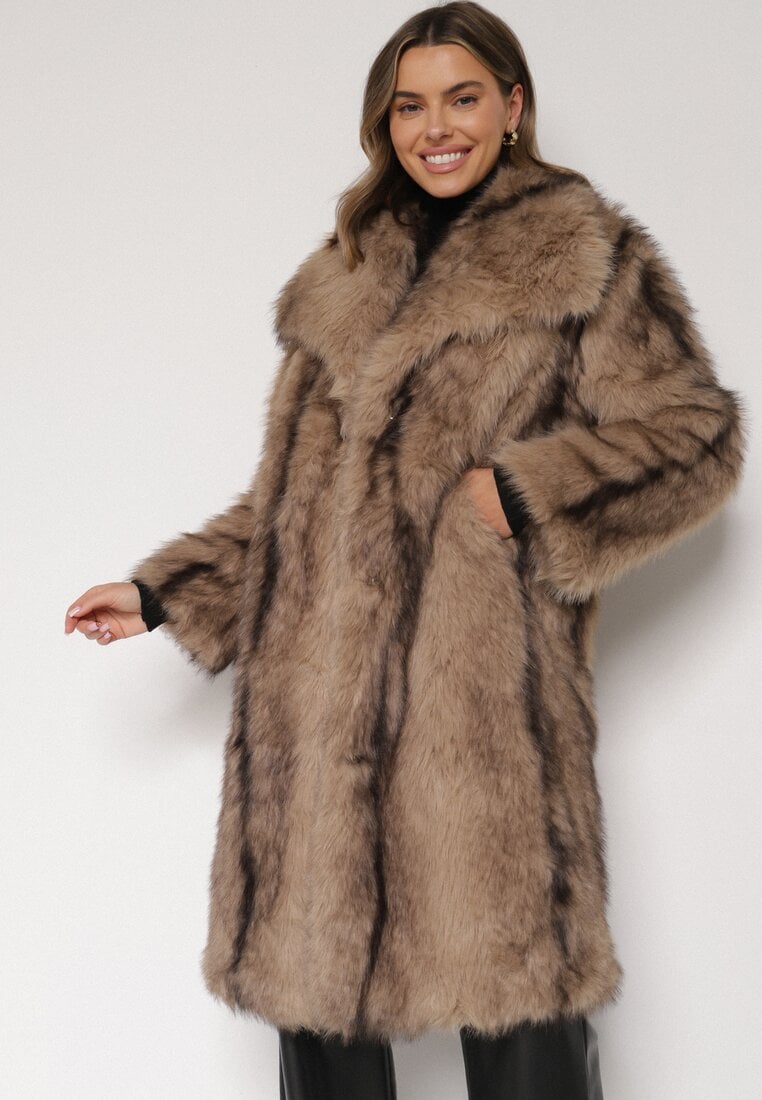 Brązowy Płaszcz Futro z Szerokim Kołnierzem i Kieszeniami Ezinda