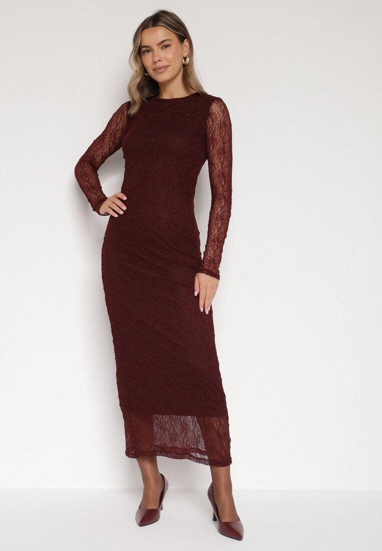 Bordowa Dopasowana Sukienka Koronkowa z Długim Rękawem Zenika