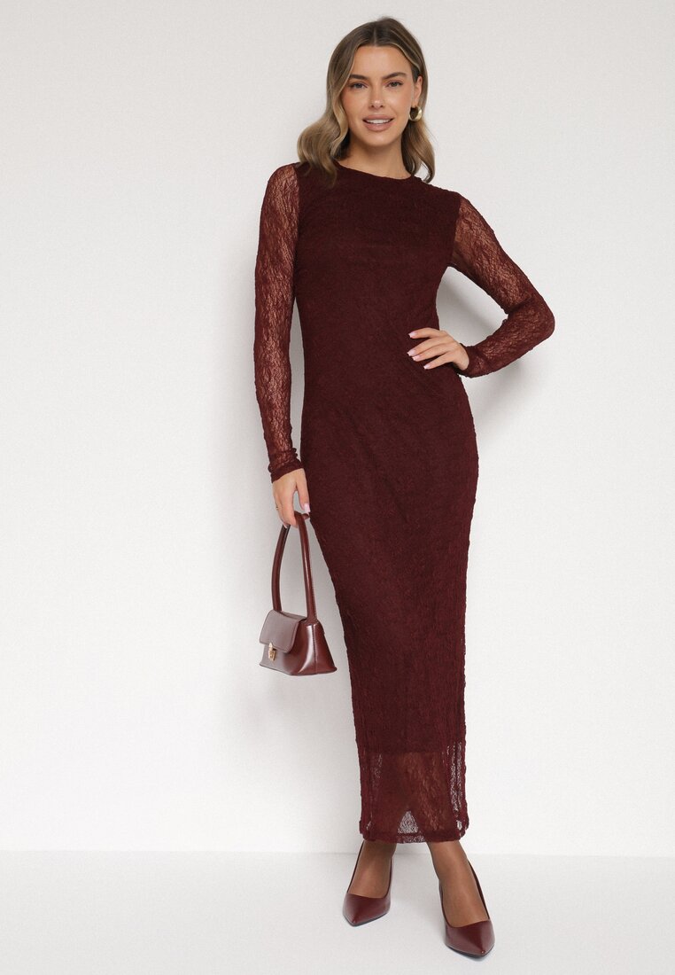 Bordowa Dopasowana Sukienka Koronkowa z Długim Rękawem Zenika