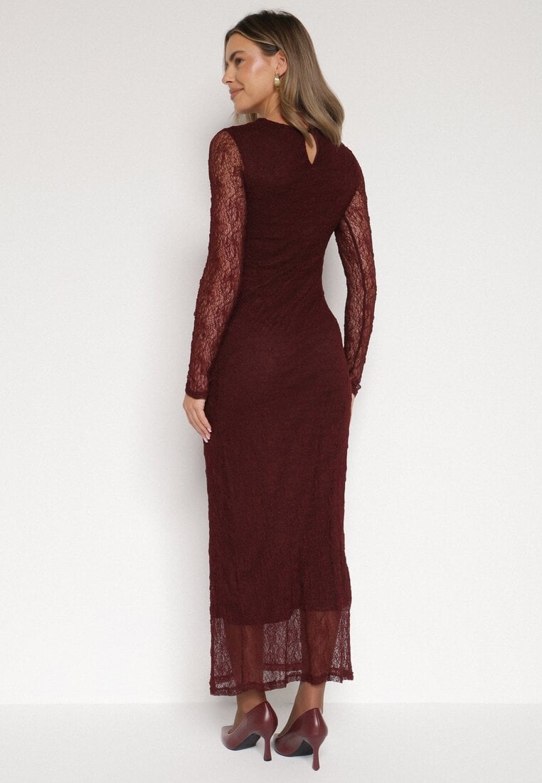 Bordowa Dopasowana Sukienka Koronkowa z Długim Rękawem Zenika