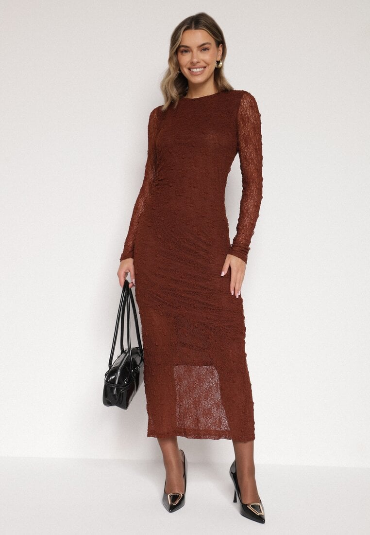 Brązowa Dopasowana Sukienka Koronkowa z Długim Rękawem Zenika