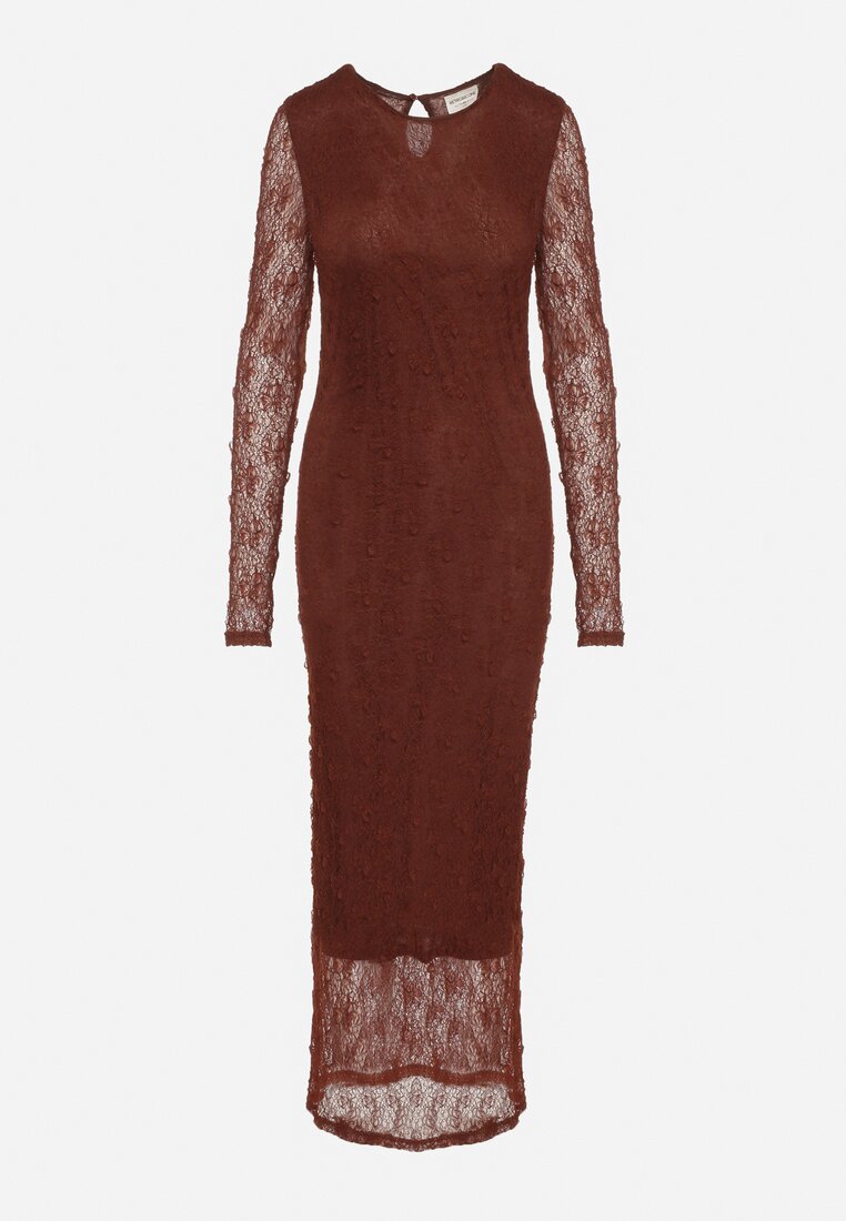 Brązowa Dopasowana Sukienka Koronkowa z Długim Rękawem Zenika