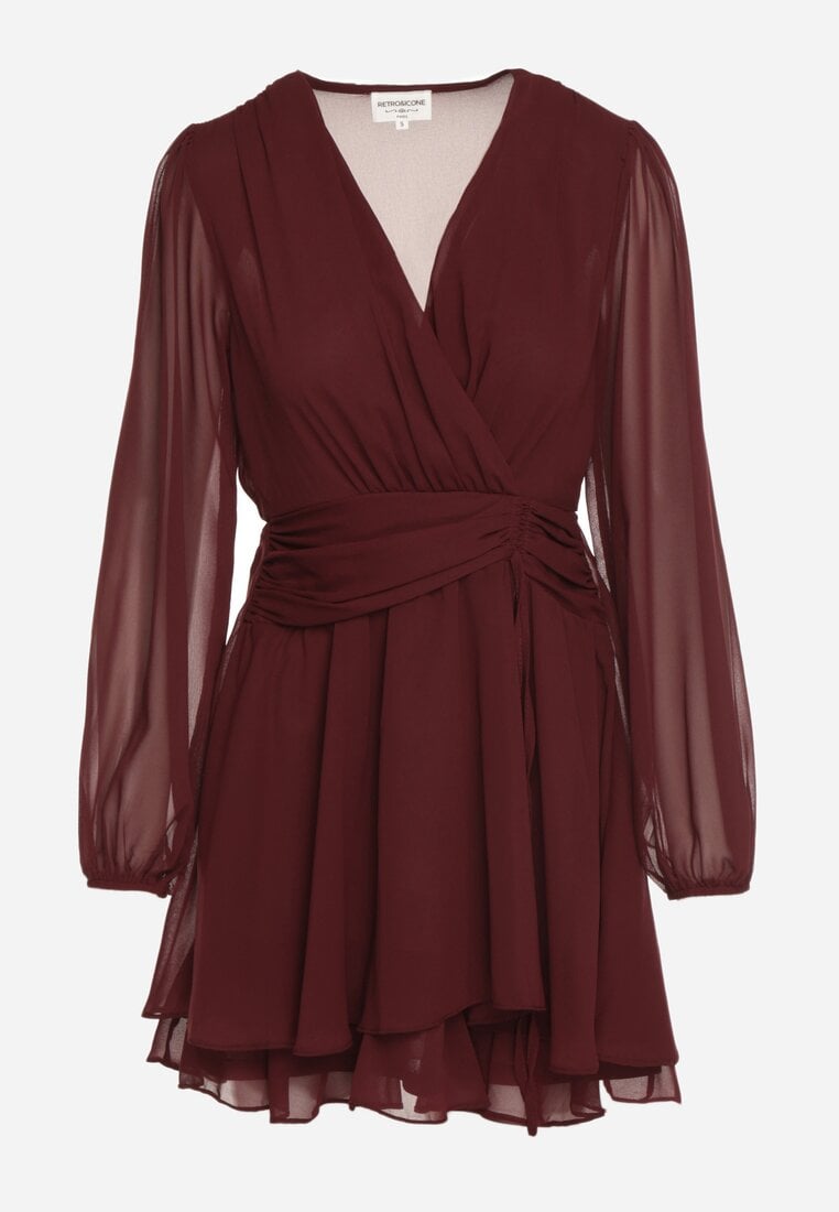 Bordowa Rozkloszowana Sukienka z Siateczki z Kopertowym Dekoltem Zenessa