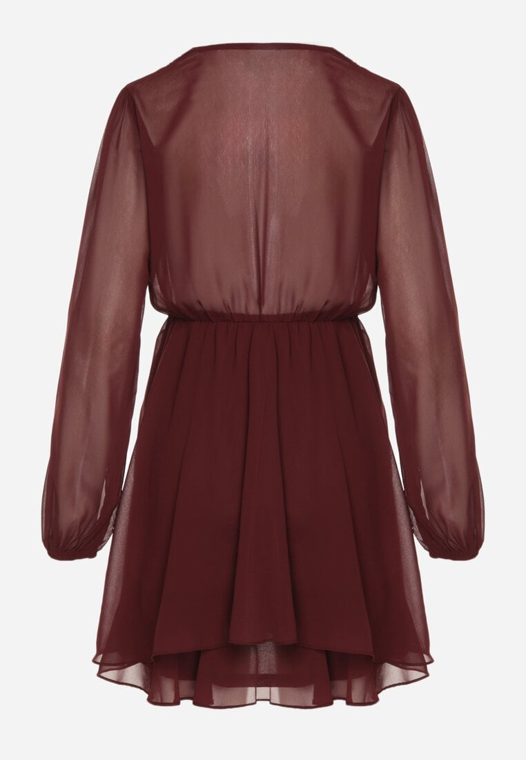 Bordowa Rozkloszowana Sukienka z Siateczki z Kopertowym Dekoltem Zenessa