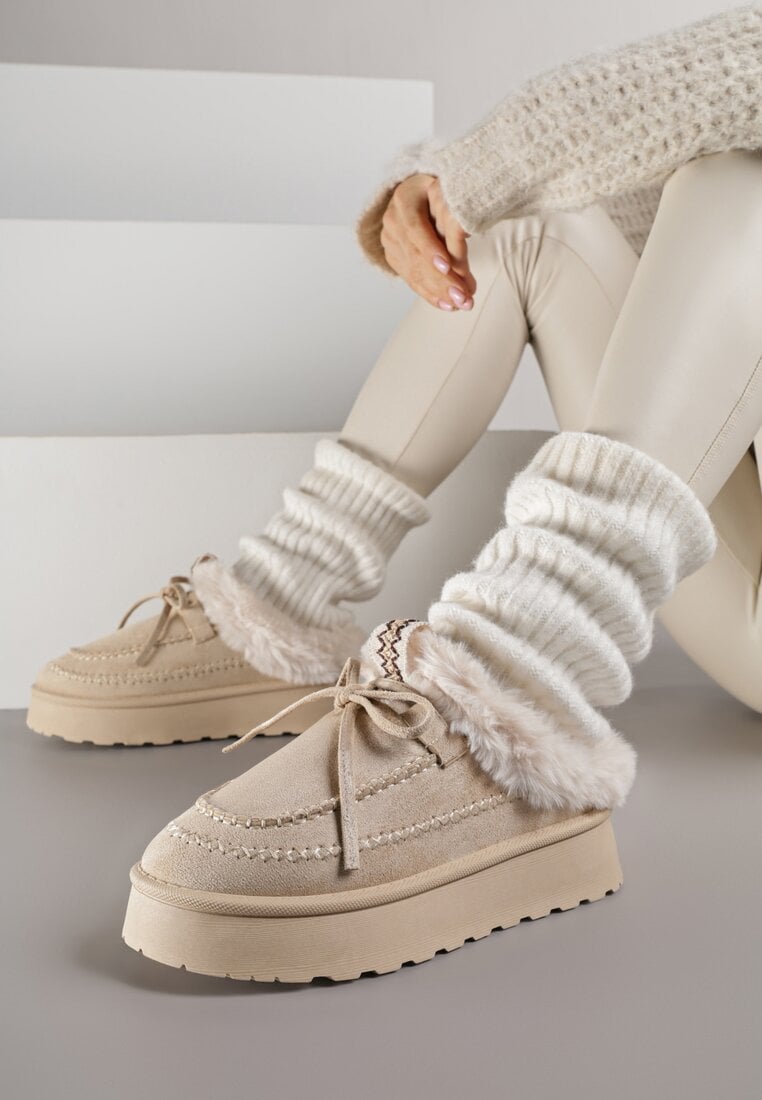 Beżowe Wsuwane Śniegowce w Rustykalnym Stylu z Kokardą i Futrem Tusora