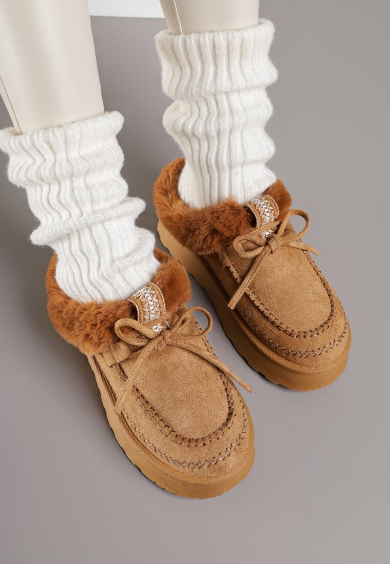 Brązowe Wsuwane Śniegowce w Rustykalnym Stylu z Kokardą i Futrem Tusora