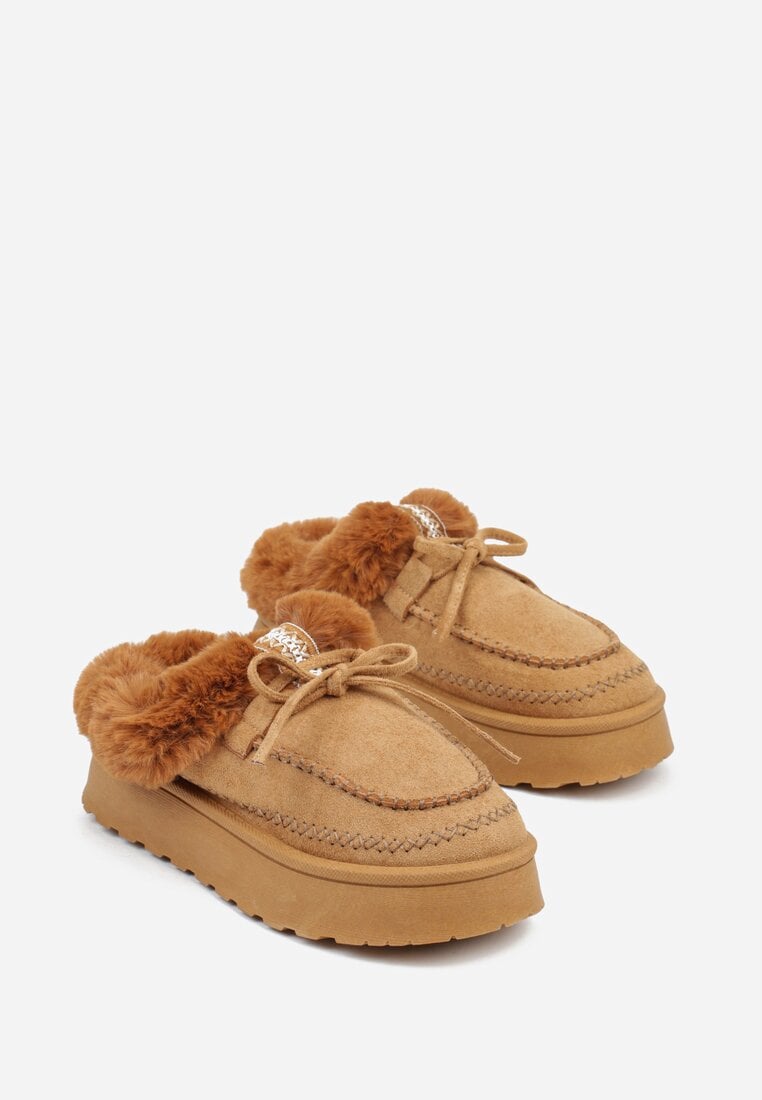 Brązowe Wsuwane Śniegowce w Rustykalnym Stylu z Kokardą i Futrem Tusora