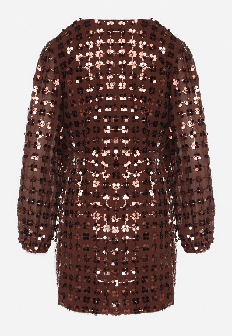 Brązowa Kopertowa Sukienka z Wiązaniem Zdobiona Cekinami Wedelessa