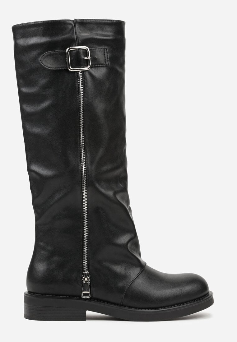 Czarne Kozaki Typu Bikery Ozdobione Suwakiem i Klamrą Linvera