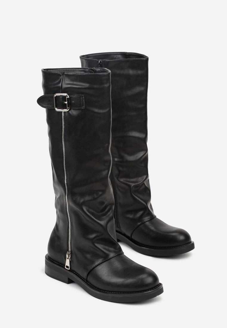 Czarne Kozaki Typu Bikery Ozdobione Suwakiem i Klamrą Linvera