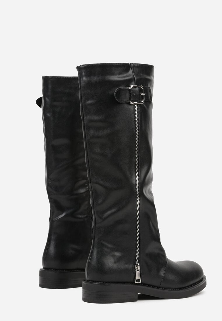 Czarne Kozaki Typu Bikery Ozdobione Suwakiem i Klamrą Linvera