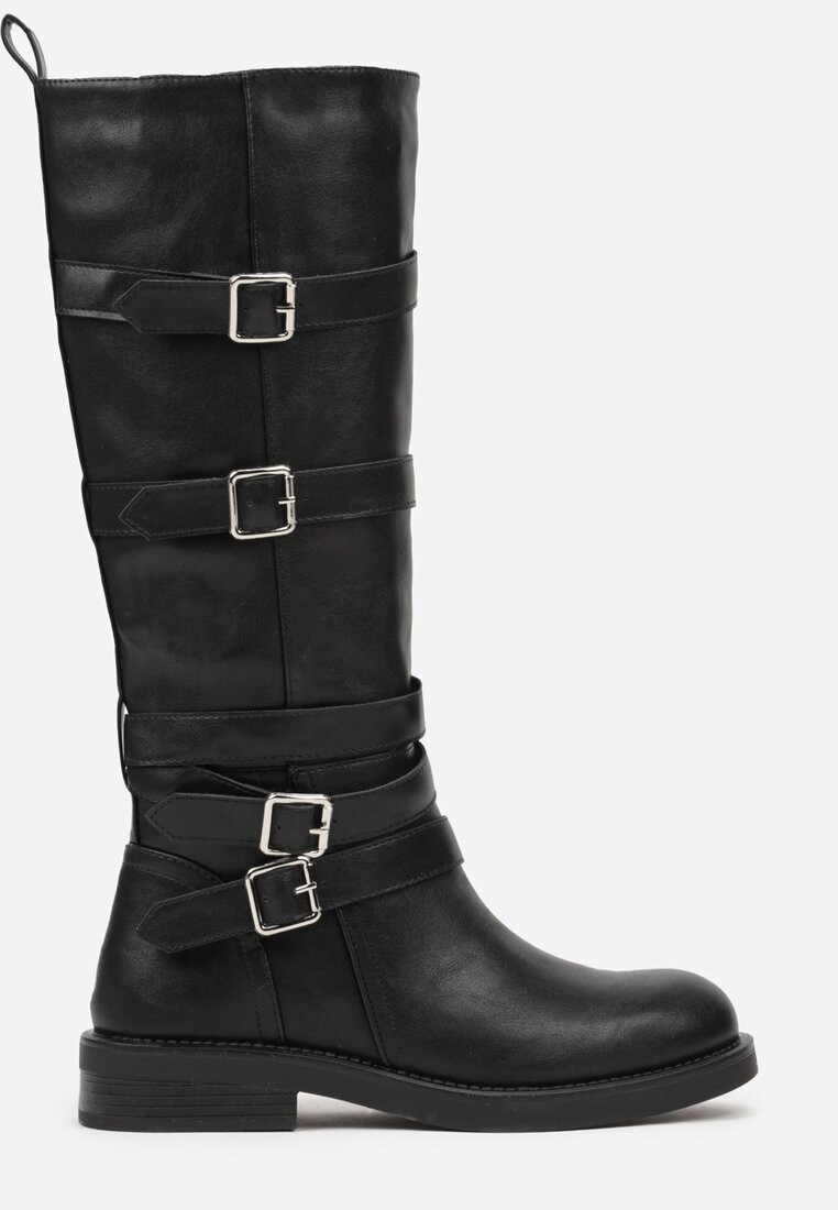 Czarne Kozaki Bikery Ozdobione Paskami i Kwadratowymi Klamrami Lingara