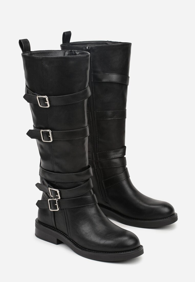 Czarne Kozaki Bikery Ozdobione Paskami i Kwadratowymi Klamrami Lingara