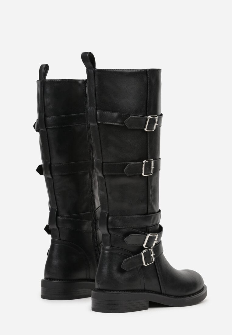 Czarne Kozaki Bikery Ozdobione Paskami i Kwadratowymi Klamrami Lingara