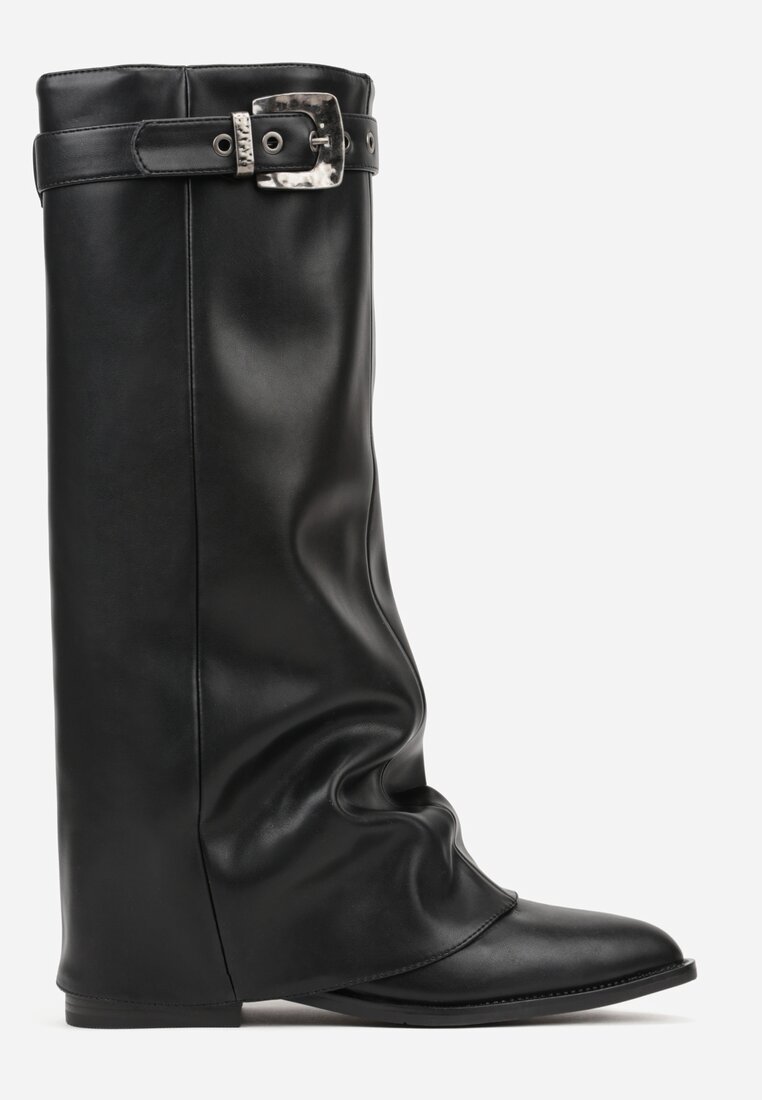 Czarne Kozaki z Noskiem w Szpic i Cholewką Imitującą Nogawkę z Klamrą Tusemira