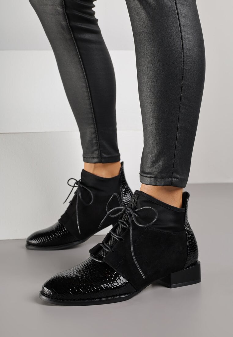 Czarne Botki Typu Trzewiki z Lakierowanymi Wstawkami z Tłoczeniem Krokodyla Zetilla