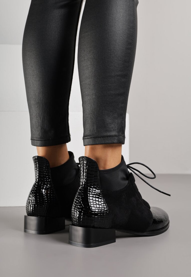Czarne Botki Typu Trzewiki z Lakierowanymi Wstawkami z Tłoczeniem Krokodyla Zetilla