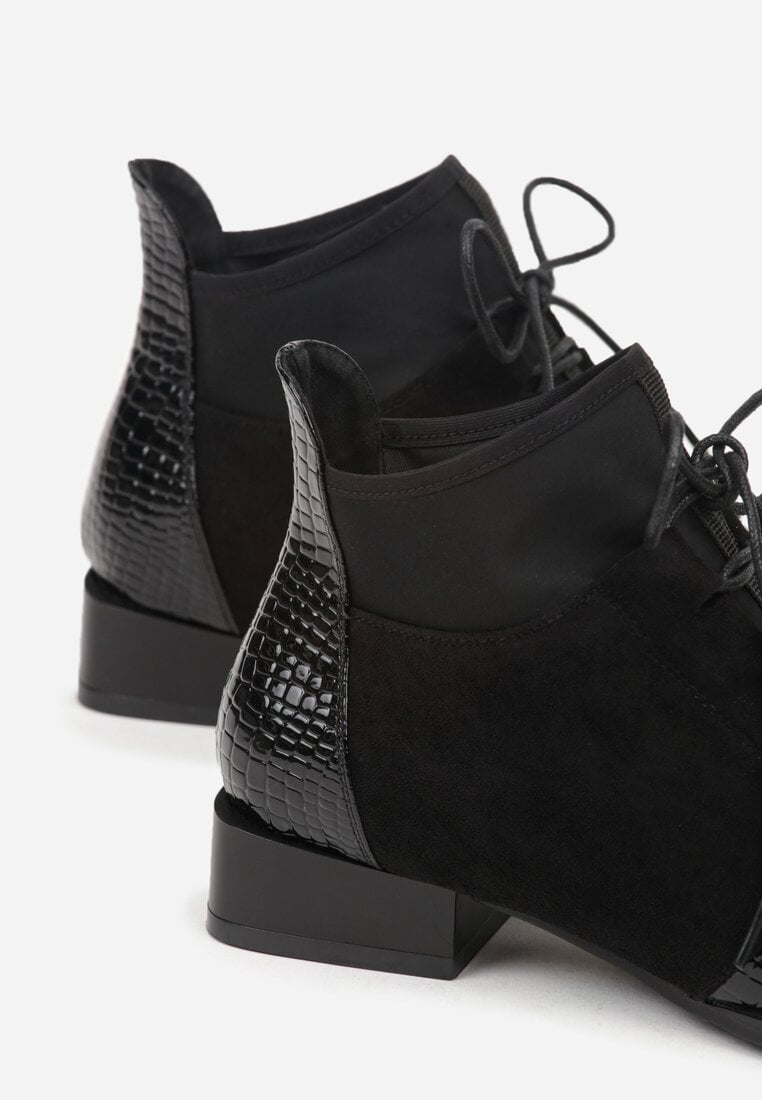 Czarne Botki Typu Trzewiki z Lakierowanymi Wstawkami z Tłoczeniem Krokodyla Zetilla