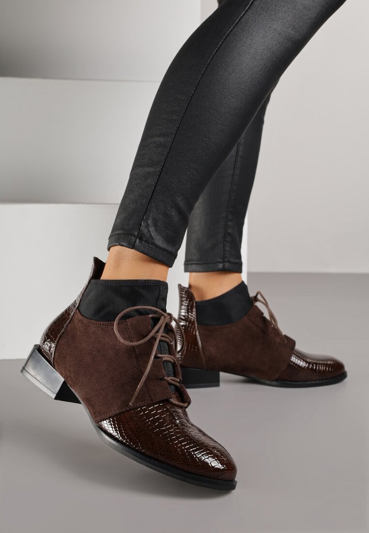Brązowe Botki Typu Trzewiki z Lakierowanymi Wstawkami z Tłoczeniem Krokodyla Zetilla