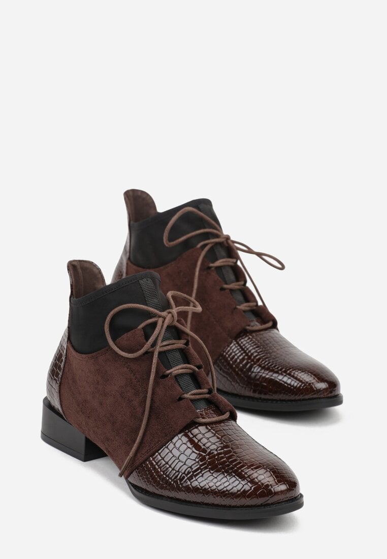 Brązowe Botki Typu Trzewiki z Lakierowanymi Wstawkami z Tłoczeniem Krokodyla Zetilla