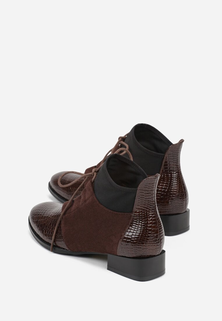 Brązowe Botki Typu Trzewiki z Lakierowanymi Wstawkami z Tłoczeniem Krokodyla Zetilla