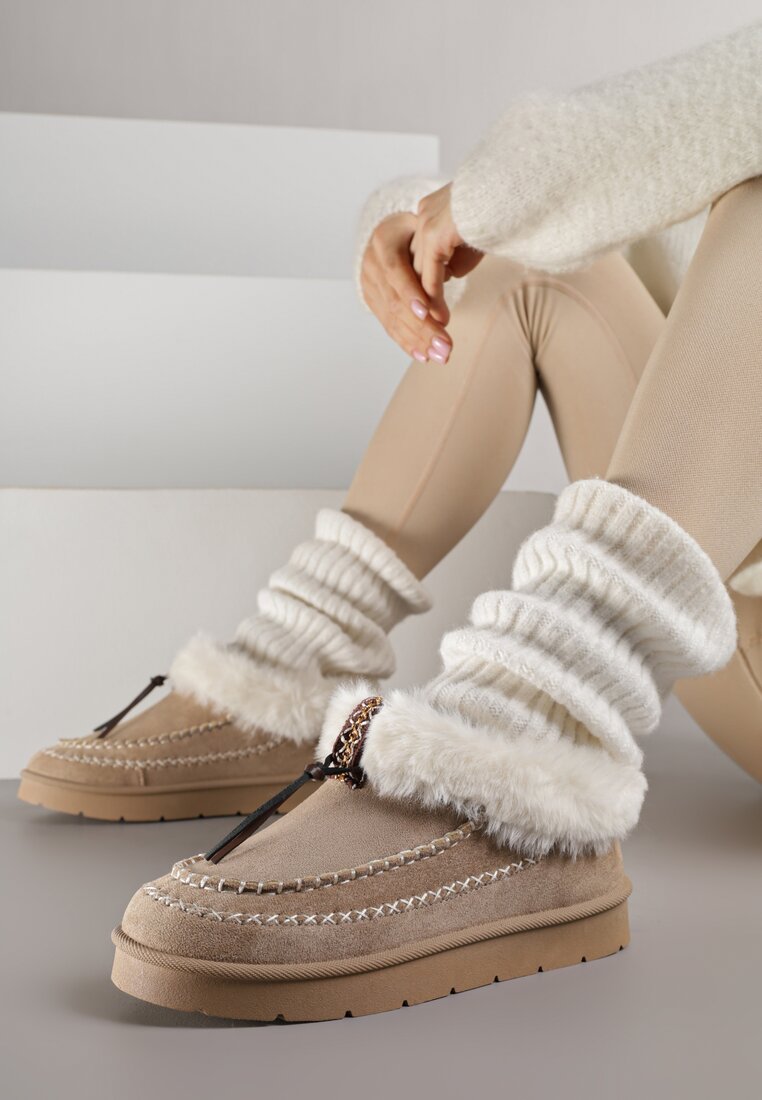 Ciemnobeżowe Śniegowce na Grubej Podeszwie z Futerkiem i Przeszciami Linafra