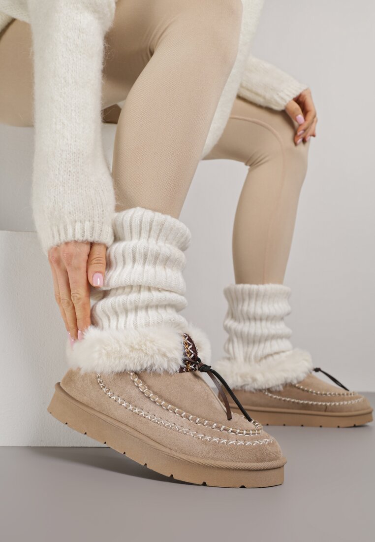 Ciemnobeżowe Śniegowce na Grubej Podeszwie z Futerkiem i Przeszciami Linafra