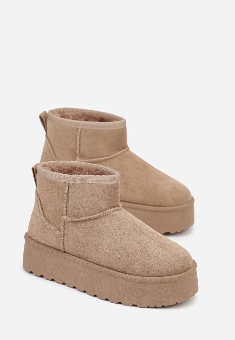 Ciemnobeżowe Wsuwane Śniegowce z Imitacji Zamszu na Platformie Tusanala