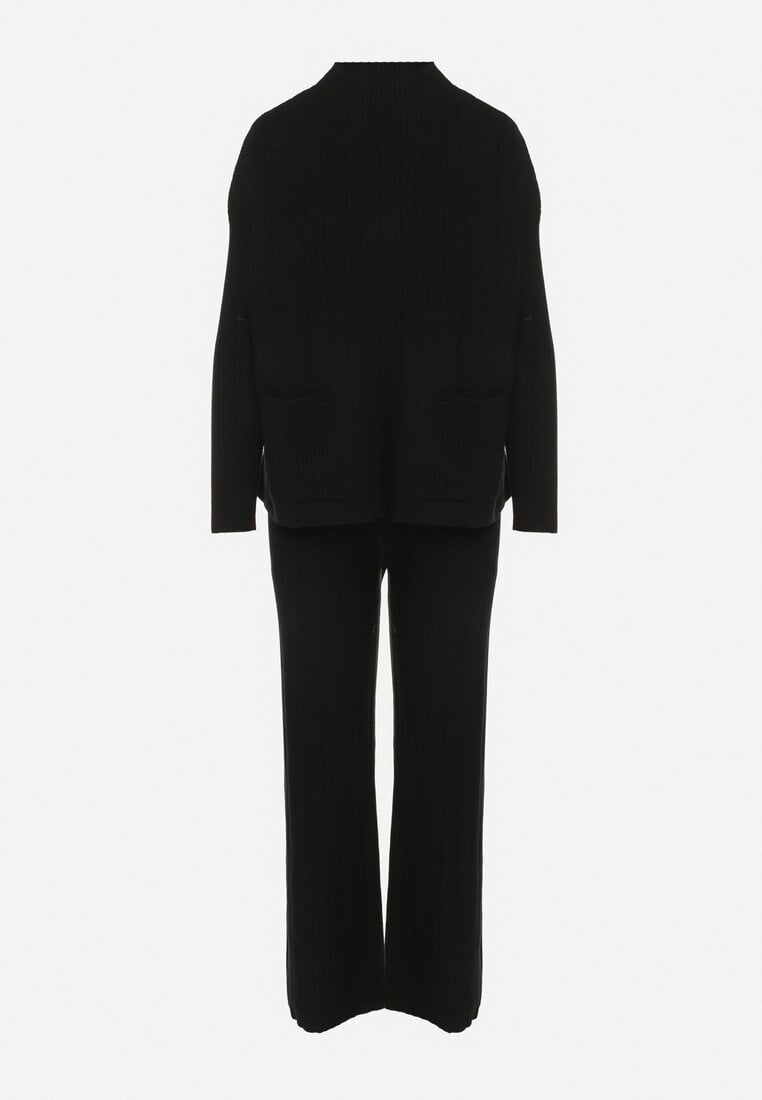 Czarny Sweterkowy Komplet Sweter z Półgolfem i Szerokie Spodnie Alatusa
