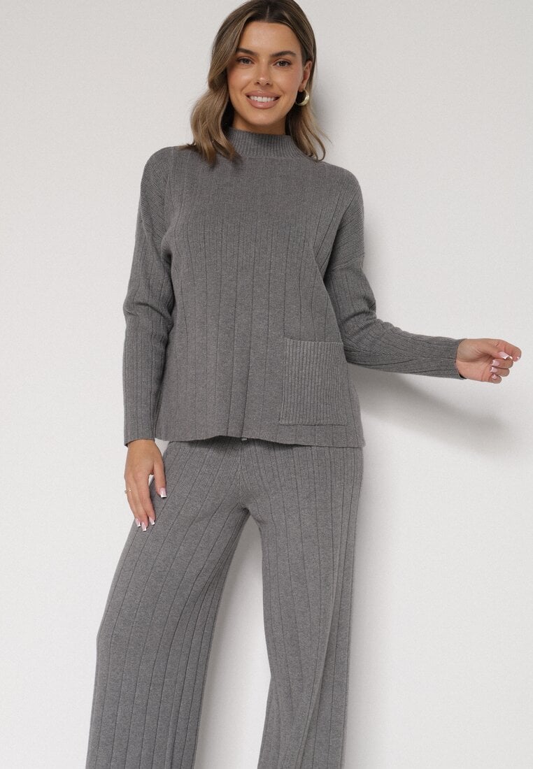 Szary Sweterkowy Komplet Sweter z Półgolfem i Szerokie Spodnie Alatusa