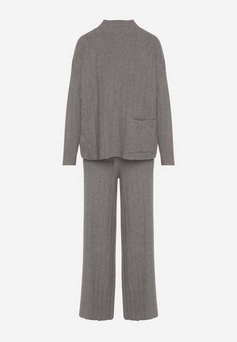 Szary Sweterkowy Komplet Sweter z Półgolfem i Szerokie Spodnie Alatusa