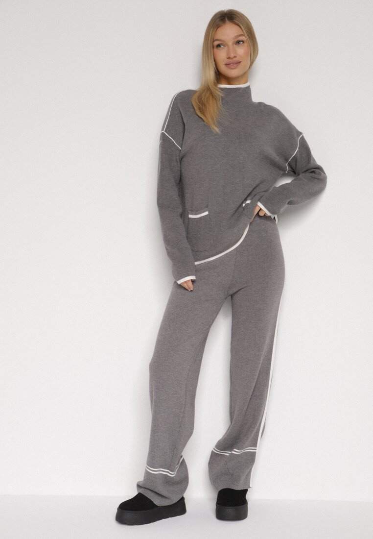 Szary Dzianinowy Komplet Szerokie Spodnie i Sweter z Kieszonkami i Lamówką Wedisena