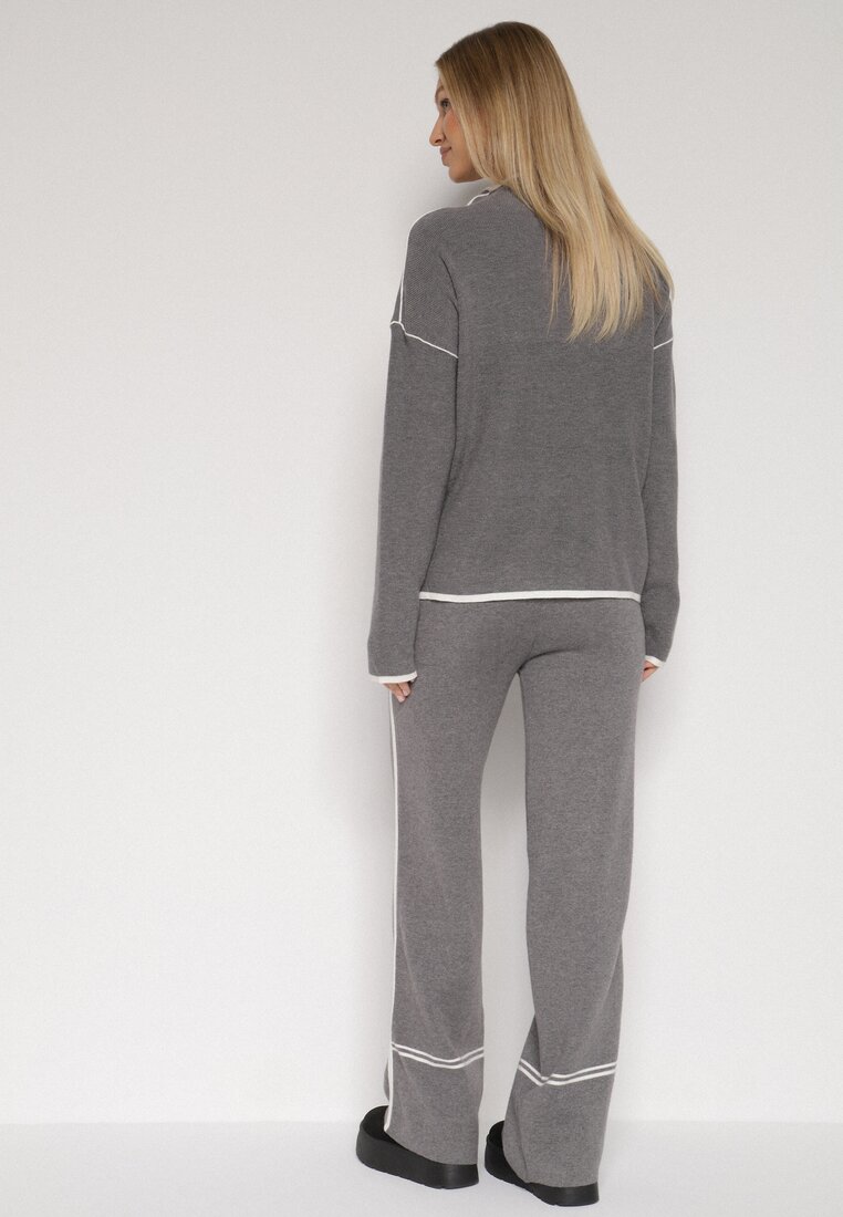 Szary Dzianinowy Komplet Szerokie Spodnie i Sweter z Kieszonkami i Lamówką Wedisena