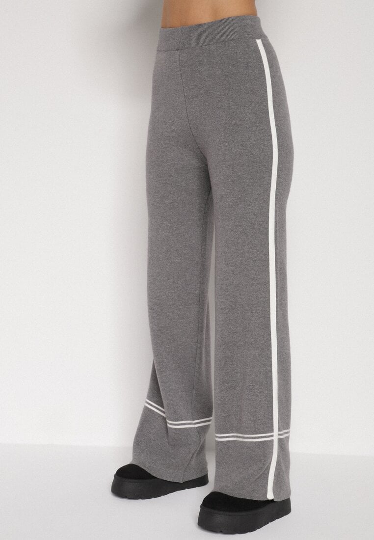 Szary Dzianinowy Komplet Szerokie Spodnie i Sweter z Kieszonkami i Lamówką Wedisena