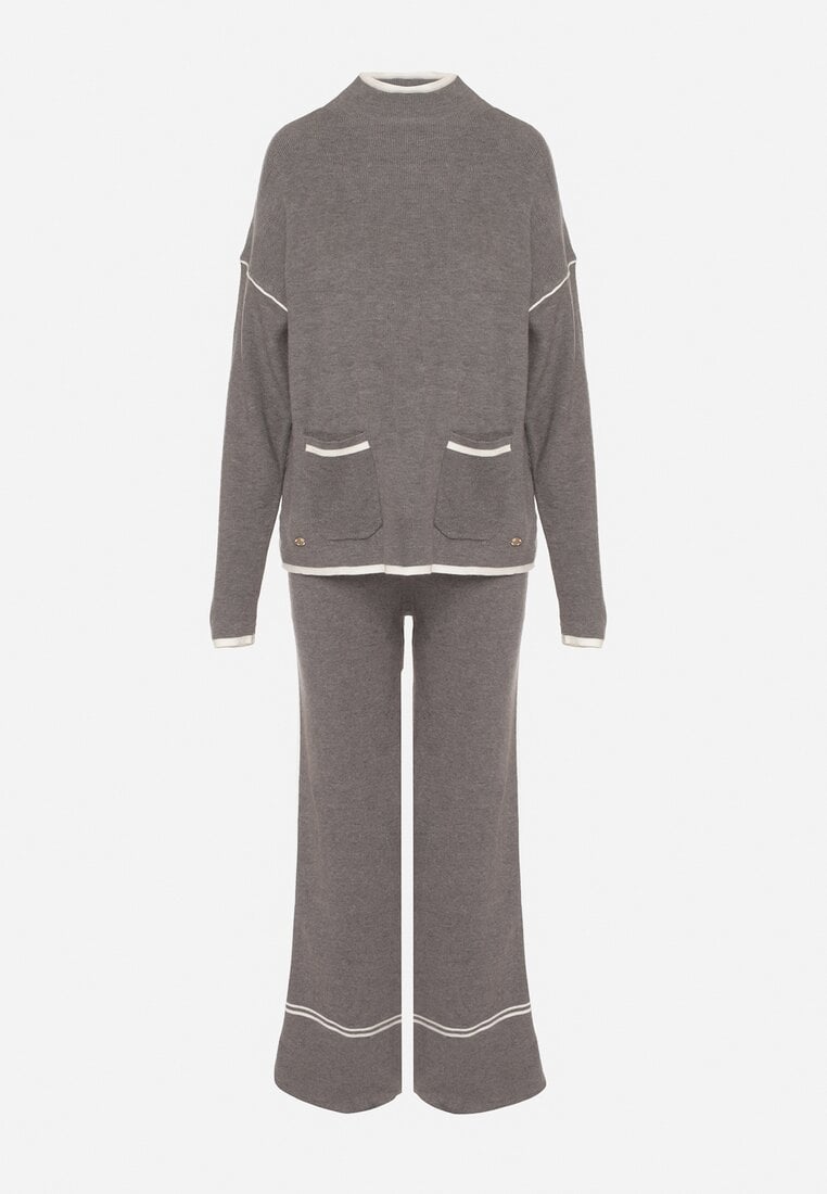 Szary Dzianinowy Komplet Szerokie Spodnie i Sweter z Kieszonkami i Lamówką Wedisena