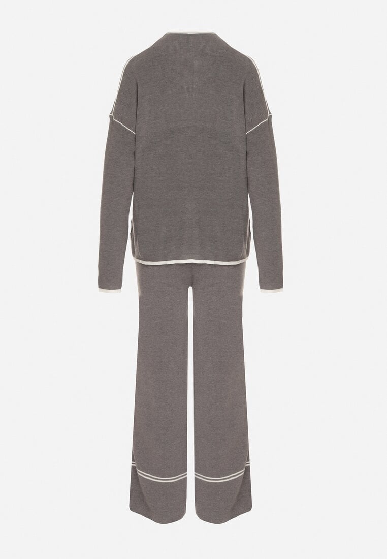 Szary Dzianinowy Komplet Szerokie Spodnie i Sweter z Kieszonkami i Lamówką Wedisena