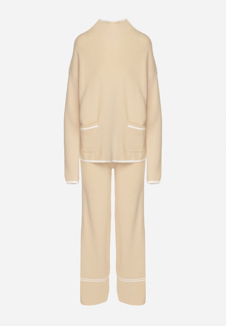 Jasnobeżowy Dzianinowy Komplet Szerokie Spodnie i Sweter z Kieszonkami i Lamówką Wedisena