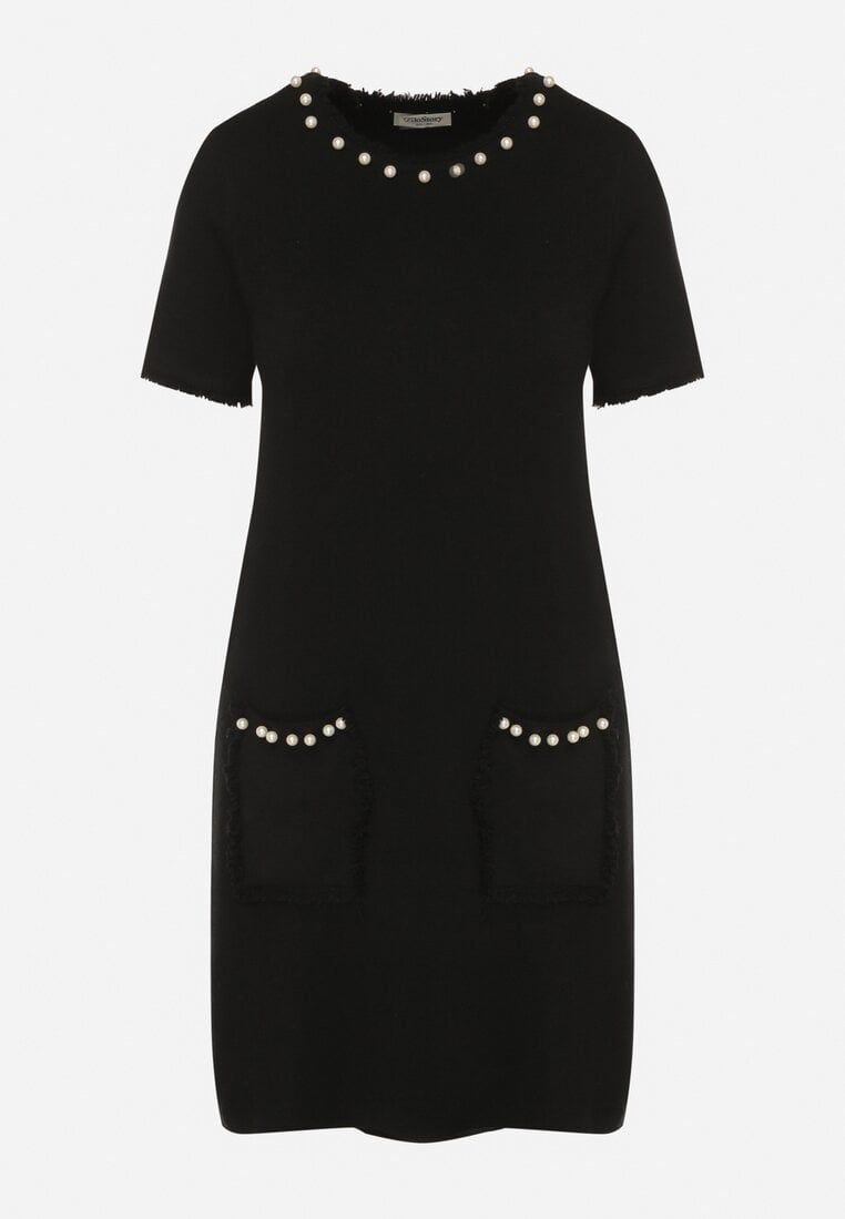 Czarna Trapezowa Sukienka Sweterkowa Ozdobiona Perełkami Eletusa